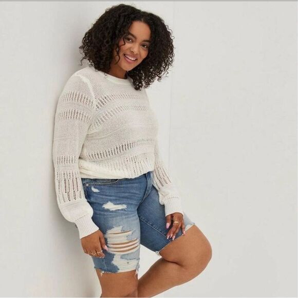 TORRID Pointelle Pullover Balloon Sleeve Sweater Ivory White Loose Knit Size 1X - Picture 3 of 11